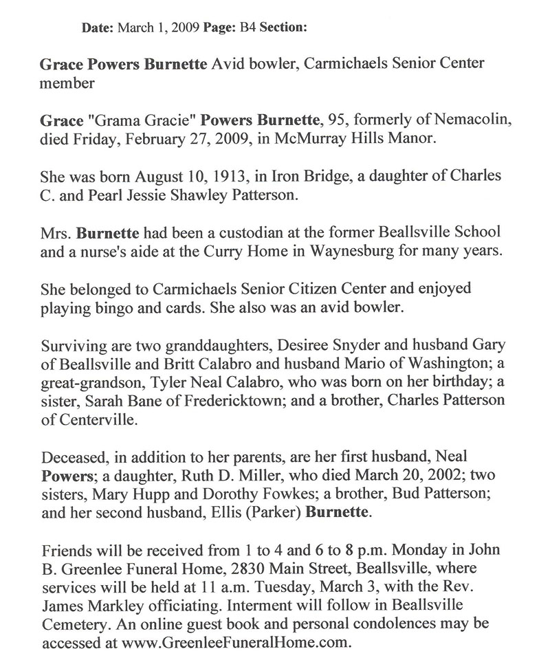 Grace Powers Burnette obit